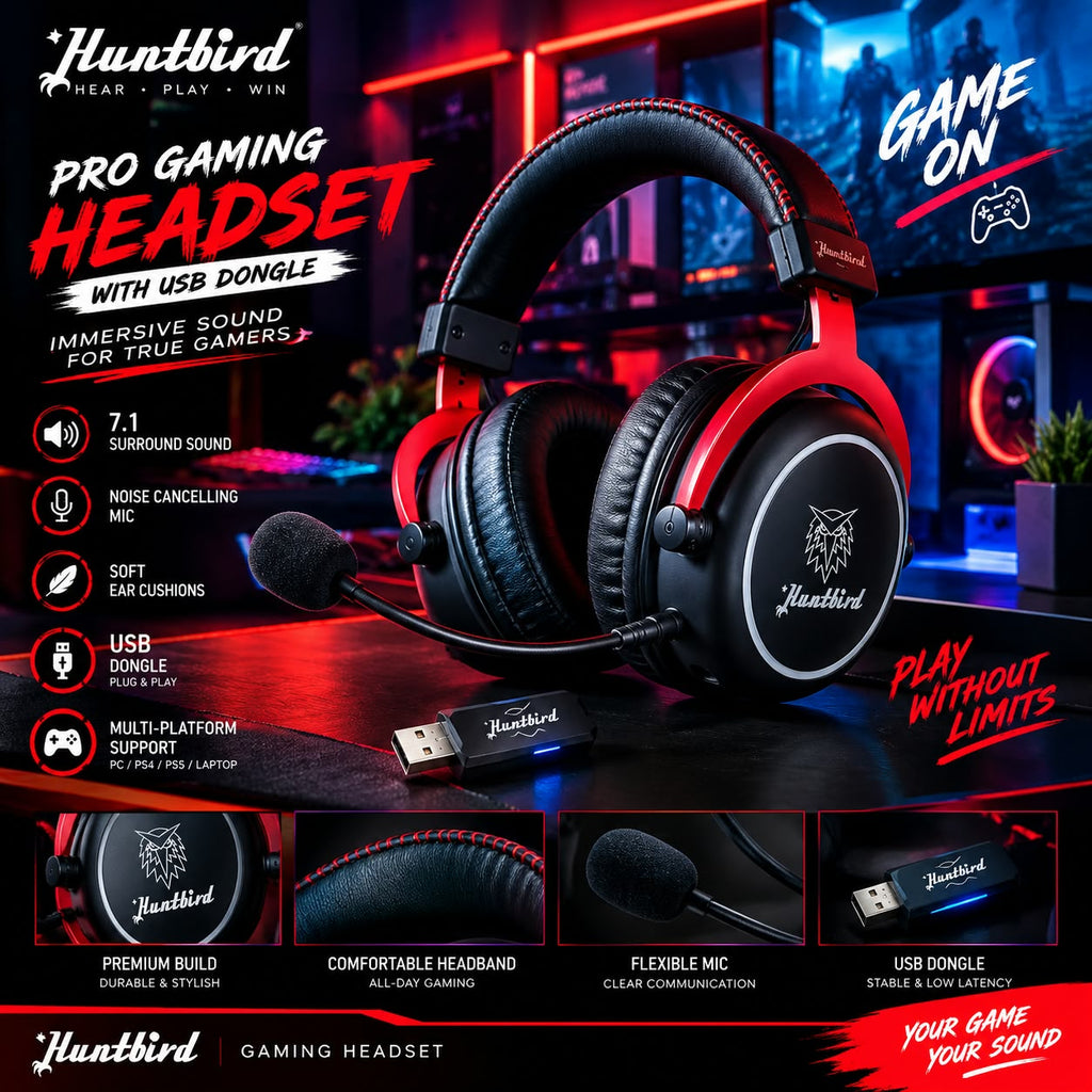 Unleash Ultimate Victory: Huntbird Pro Gaming Headset | 7.1 Surround Sound, Noise-Cancelling Mic & USB Dongle
