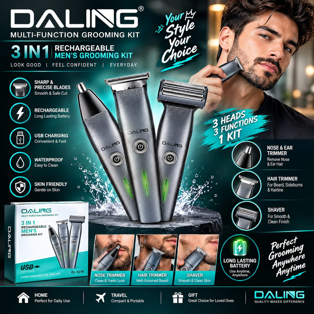 Daling 3-in-1 Men’s Grooming Kit DL-9218 – Hair Trimmer, Nose Trimmer & Electric Shaver