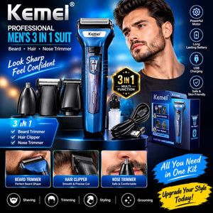 Kemei Professional 3-in-1 Men’s Grooming Kit | Beard, Hair & Nose Trimmer