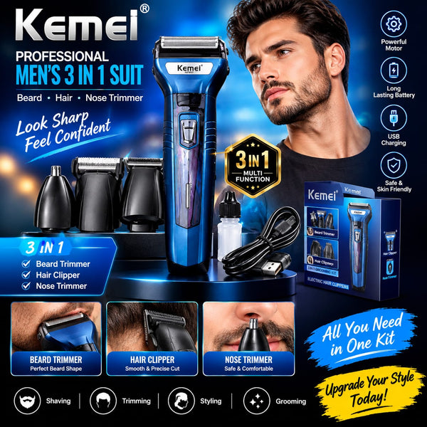 Kemei Professional 3-in-1 Men’s Grooming Kit | Beard, Hair & Nose Trimmer
